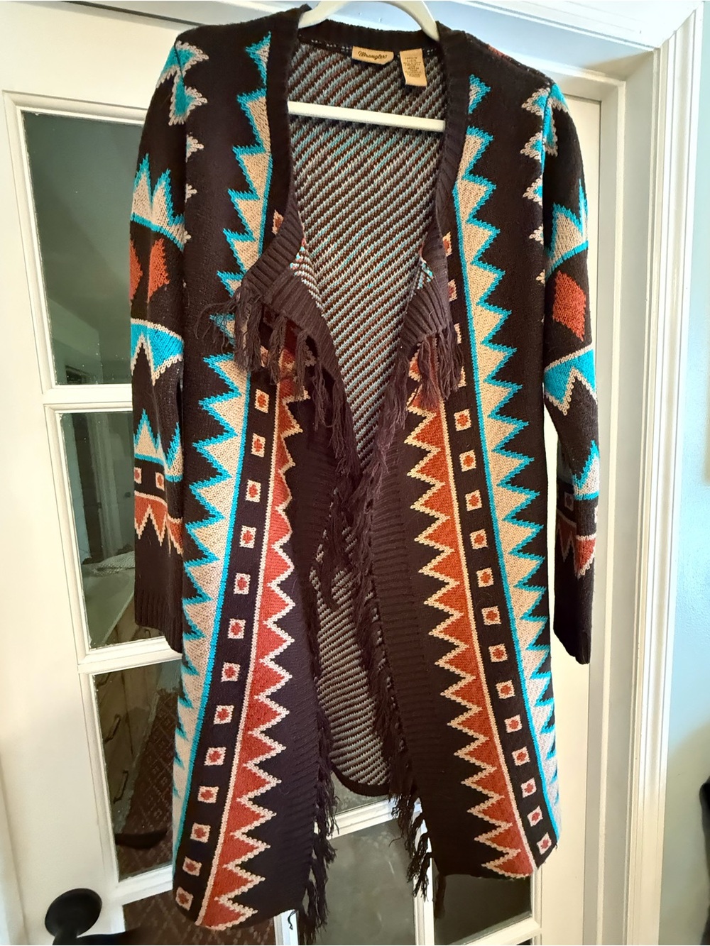 Wrangler Retro Southwestern Turquoise Aztec Fringe Duster Cardigan